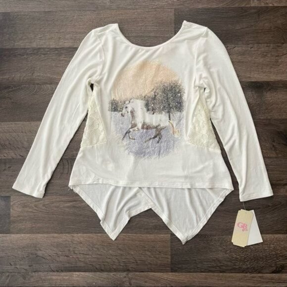 GB girls Other - GB Girls Ivory Long Sleeve Top with Unicorn Print Shimmer Lace& Asymmetrical Hem